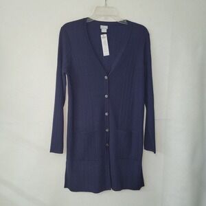 Chico's Womens Cardigan‎ Sweater Size S Classic Navy Flat Back Ribbed Duster New